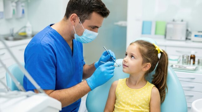 Male dentist wearing blue medical scrubs explaining procedure to young child sitting in chair during dental visit.
