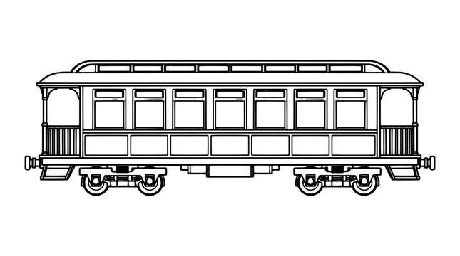Vintage salon passenger railcar featuring open end observation balconies, clerestory monitor roof, and dual wheel bogies, drawn as an isolated black outline vector icon for historic transit