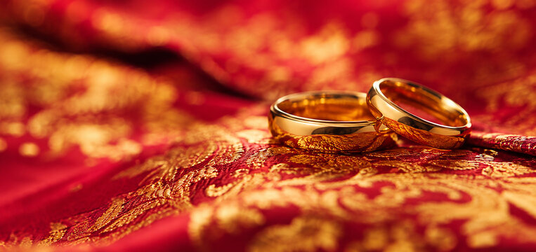 Pair of Golden Wedding Rings Resting on Luxurious Red Embroidered Silk Fabric