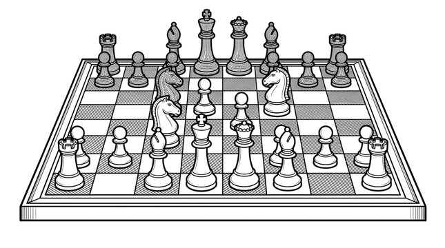 Strategic chess board with pieces in play, classic board game for competition and logic, grayscale chess set illustration for business strategy
