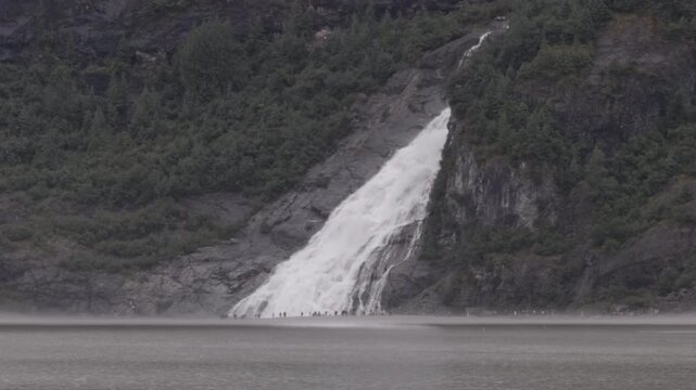 a view of nugget falls and mendenhall lake at juneau alaska of the usa