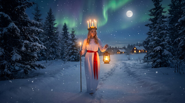 Woman dressed as Saint Lucia with candle crown holding lantern walking in snowy forest at night under aurora and full moon. Swedish winter solstice tradition and Christmas celebration concept