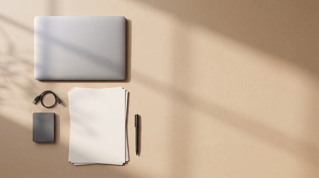 Personal Document Backup and Digital File Organization With Laptop and External Storage on Minimal Office Desk