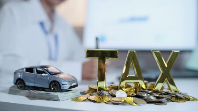 Small gray model car beside gold TAX letters and coins on an office desk, illustrating vehicle taxation, car ownership expenses and financial responsibilities.
