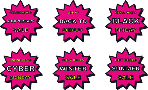 Sale sticker badge vector collection. Pink starburst tags for anniversary, back to school, black friday, cyber monday, winter sale, and summer sale events. Promotional retail marketing graphics.