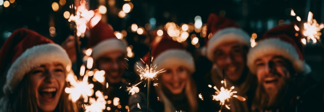 Friends wearing Santa hats and celebrating with sparklers at night  