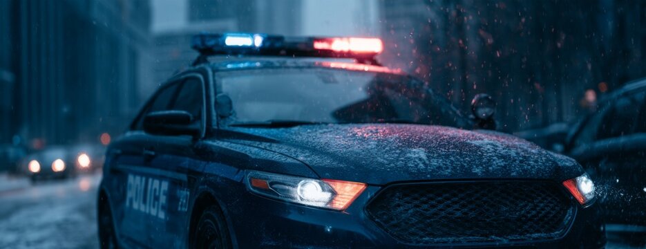 Police car parked in a snowy city street with flashing lights  