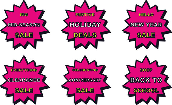 Pink starburst sale badge sticker set. Includes mid season sale, holiday deals, new year sale, clearance sale, anniversary sale, and back to school. Bright vector badges for retail promotions.