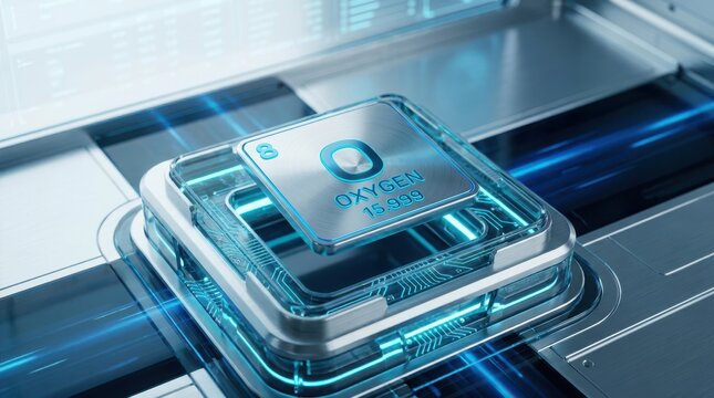Oxygen element symbol on metallic square glowing blue circuit board modern technology background.