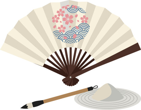 Japanese folding fan with sakura wave pattern, calligraphy brush and raked sand, flat vector illustration