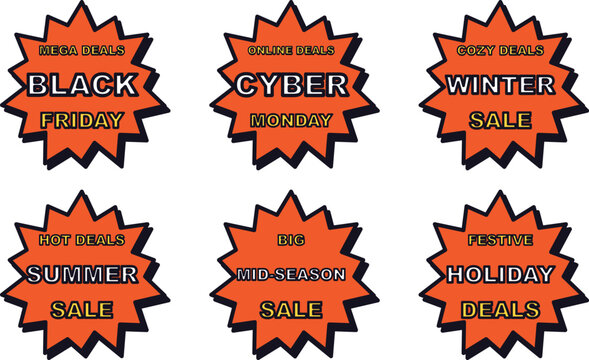 Sale sticker star badge vector set. Includes labels for Black Friday, Cyber Monday, winter sale, summer sale, mid season sale, and holiday deals. Promotional graphic elements for retail.