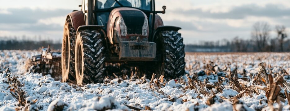 Tractor plowing a snowy field during winter  