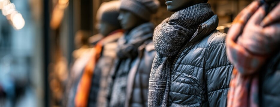 Display of winter jackets and scarves on mannequins in a shop  
