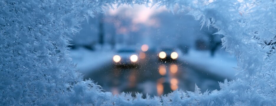 Winter highway view with cars through a frosty car window  