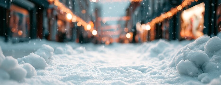Winter city street covered in snow with warm lights glowing  