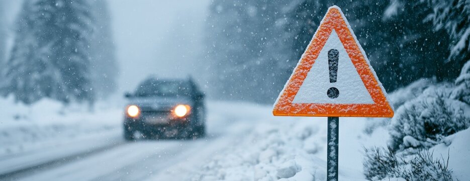 Warning sign on a snowy road with a car in winter weather  