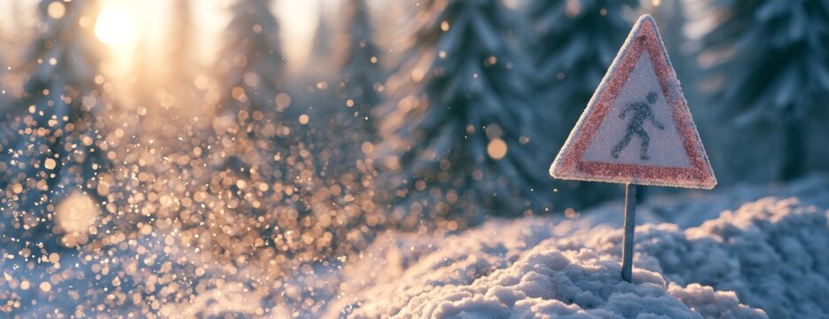Warning sign indicating slippery conditions in snowy forest  