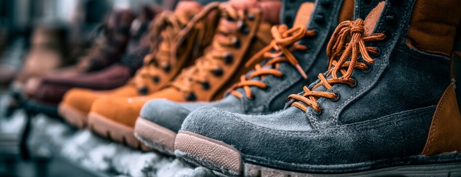 Winter boots displayed in a shop window with laces and textures  