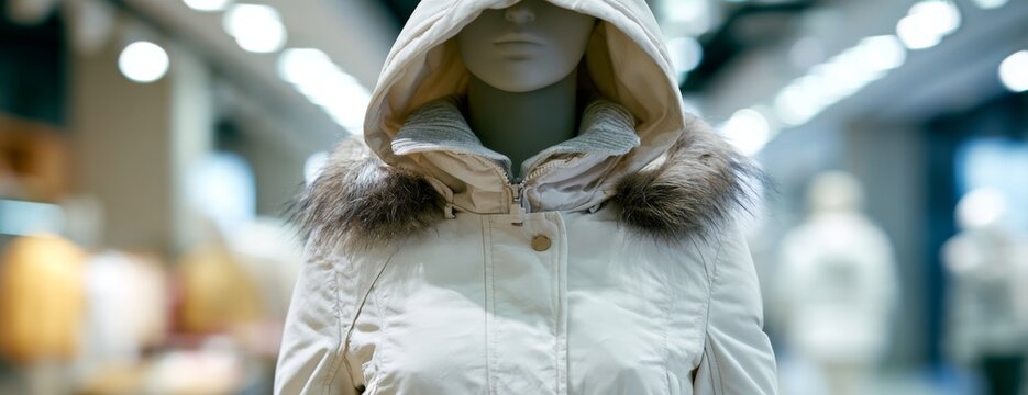 White winter jacket on female mannequin in a modern retail store  