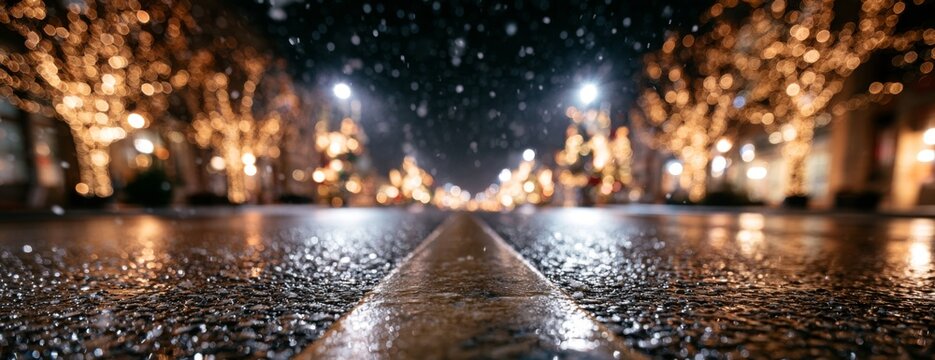Wet winter road at night decorated for the holidays  