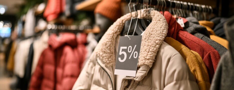 Discounted winter jackets on display in a retail clothing store  
