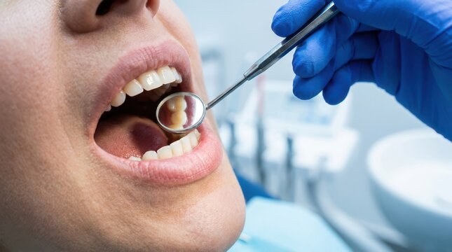 Dentist using small mouth mirror to inspect patient teeth during oral examination process inside clinic.