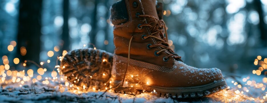 Winter camel boots with lights in a snowy forest setting  