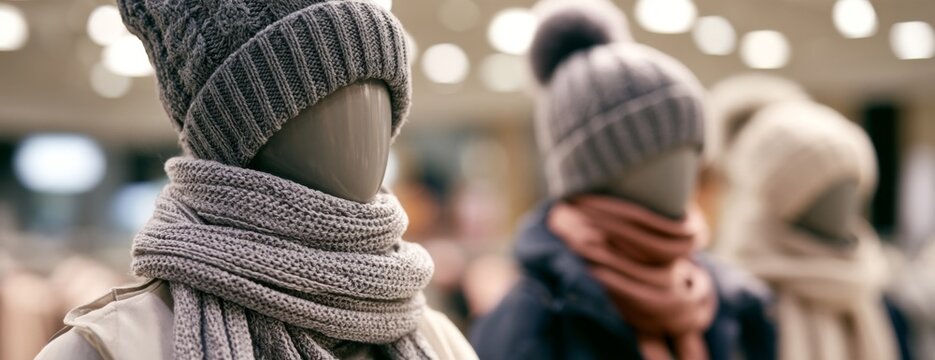 Display of mannequins wearing winter hats and scarves in a shop  