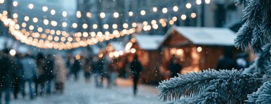 Winter holiday market with twinkling lights and snow-covered pines  