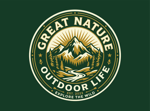 Vintage style circular logo design featuring a majestic mountain range with pine trees and a winding river under a radiant sun on a dark forest green background