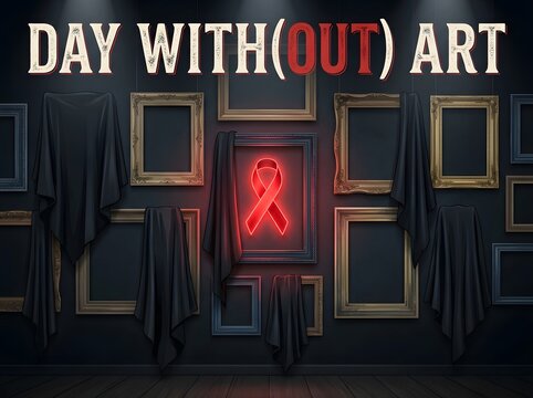 Day without art protest poster with red ribbon symbol