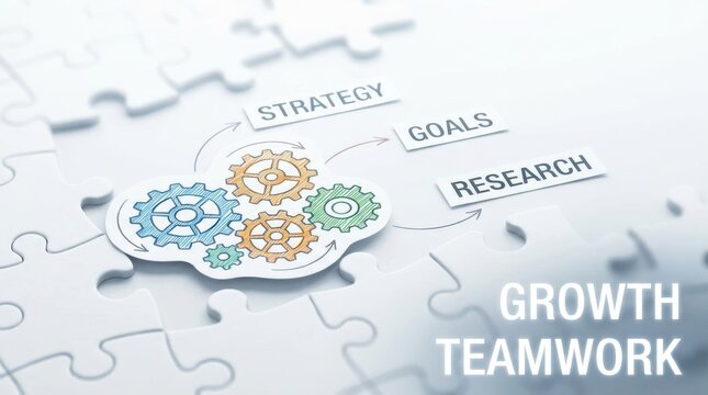 Business strategy gears concept on white puzzle background representing collaborative growth and team planning.