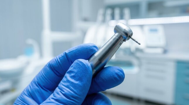 Professional dentist hand in blue latex glove holding high speed dental drill tool in modern clinic setting.