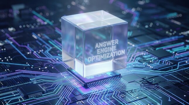 Answer engine optimization translucent glass cube on electronic circuit board for artificial intelligence data.