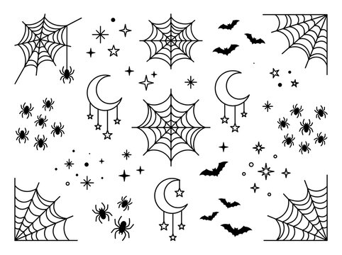 Halloween Spider Web and Bats Vector Element Set Outline Line Art