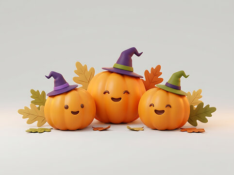 Cute 3D Halloween Pumpkins Wearing Witch Hats with Autumn Leaves on White Background