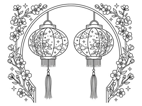 Chinese New Year Lanterns with Cherry Blossom Arch Vector Line Art Coloring Page