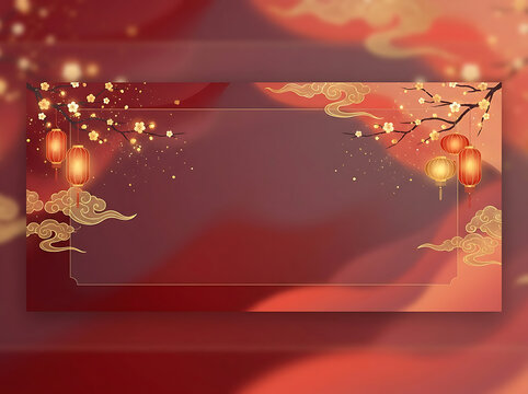 Chinese New Year Red Banner Background with Asian Clouds Lanterns and Blossom Branches