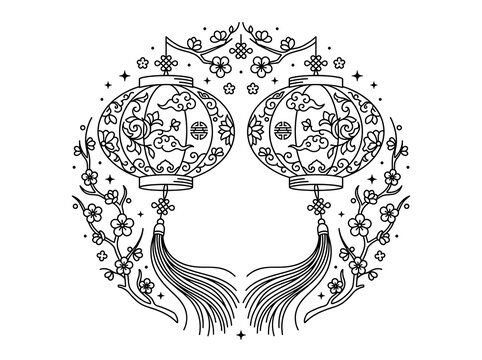 Chinese New Year Lanterns with Cherry Blossom Arch Vector Line Art Coloring Page