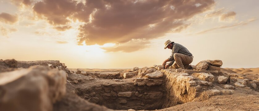 Archaeologist discovering ancient site at sunset.
