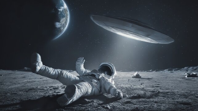 Astronaut on moon witnessing UFO encounter.