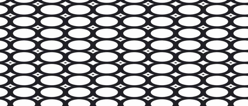 Seamless black and white repeating lattice pattern with interlocking oval shapes and bold geometric lines
