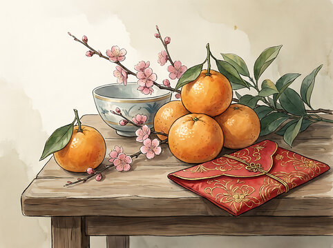 Watercolor Chinese New Year Still Life with Mandarins Red Envelope and Cherry Blossoms
