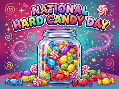 Colorful hard candy jar celebrating national hard candy day