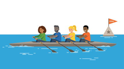 Diverse Team Rowing Together Toward Goal Vector Illustration © dewe