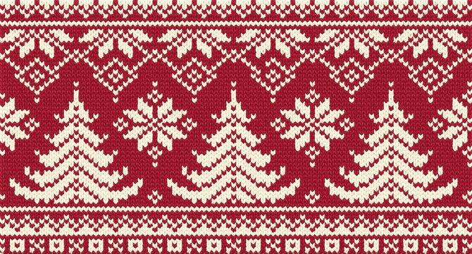 Knitted Christmas sweater pattern with pine trees and snowflakes in red and white colors