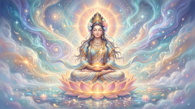 Divine Goddess Meditating in a Cosmic Lotus Amidst Ethereal Clouds and Sparkling Stars.