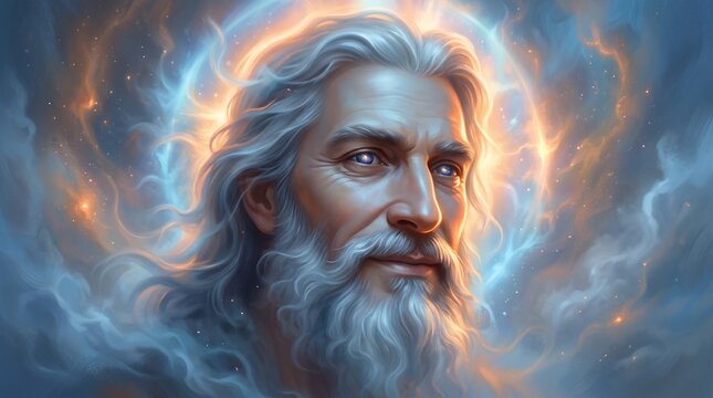 Divine Wisdom - A Portrait of God with a Radiant Aura and Serene Expression.