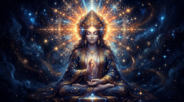Enlightened Being Meditating in a Cosmic Aura.