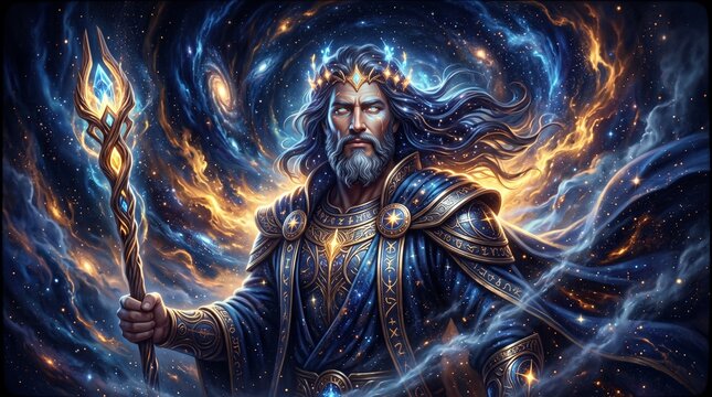 Majestic Cosmic King with Glowing Staff Amidst Swirling Galaxy.